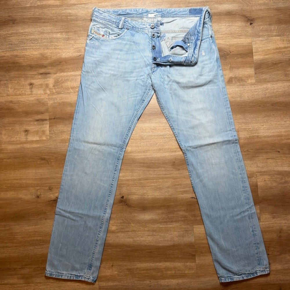 Diesel Poiak Jeans Mens 36x34 Light Wash Blue Slim Straight Leg Button Fly 008PI